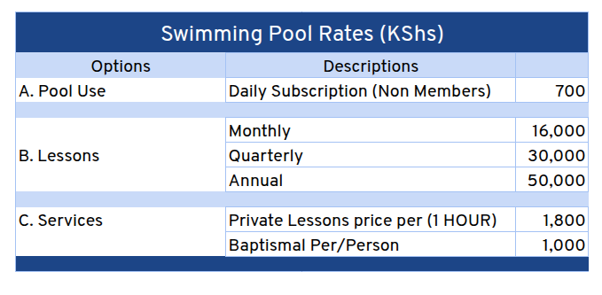 methodist resort kenya swimming rates